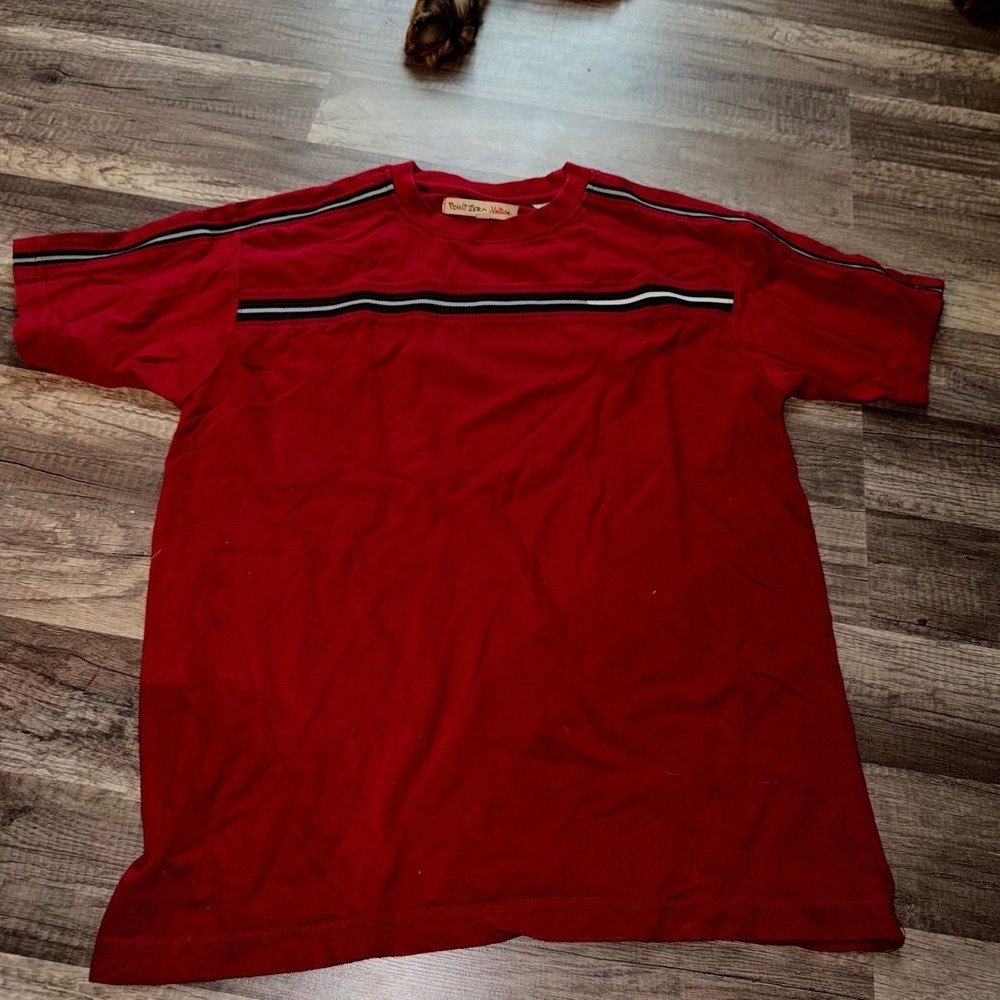 Point Zero Vintage Mens Red Striped T-Shirt Large Short Sleeve Crew Neck Cotton